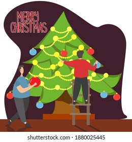 People decorate a large Christmas tree with big toys. Christmas vector illustration with the inscription.