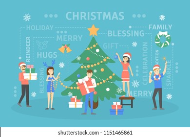 People decorating big christmas tree. Happy characters preparing for new year celebration. Guys holding gift and drinking champagne. Flat vector illustration