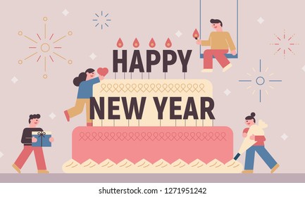 People decorating the cake for the New Year. Greeting cards concept illustration. flat design vector graphic style.