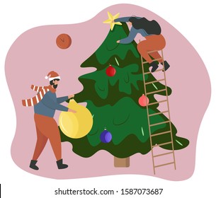 People Decorating Christmas Tree with baubles and stars.Christmas holidays on pink background. Winter season.Boy in santa hats.Big Christmas ornaments.Colorful Flat cartoon illustration.