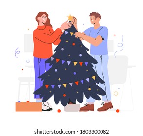 People decorating Christmas tree with baubles and garlands. Happy office workers, employees, family, friends or colleagues prepare office for holiday celebration or party. Couple celebrate xmas.