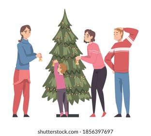 People Decorating Christmas Tree with Baubles and Garland, Happy Family Preparing for Holiday Celebration, Merry Xmas and New Year Cartoon Style Vector Illustration