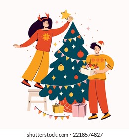 People decorating Christmas tree with baubles and garlands. Happy family prepare home to celebrate the new year or party. Couple celebrate xmas. Colorful vector illustration in flat cartoon style