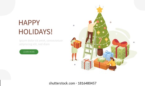 People Decorating Christmas Tree. Female and Male Characters Preparing Gift Boxes and Celebrating Winter Holidays. Merry Christmas and Happy New Year Concept. Flat Isometric Vector Illustration.
