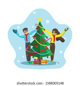 People decorating Christmas tree flat design illustration and clip art design element