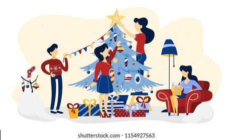 People decorating christmas tree. Happy characters preparing for new year celebration. Girl holding gift and sitting on the armchair. Flat vector illustration