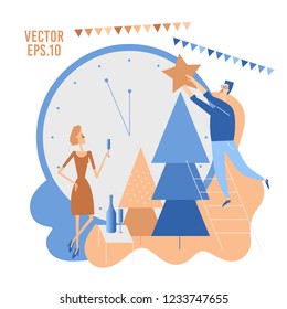 People decorating christmas tree. Happy characters preparing for new year celebration. Girl holding a glass of champagne. Flat vector cute illustration. New Year eve.