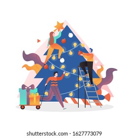 People decorating Christmas tree and preparing gifts, vector illustration. New Year corporate party celebration concept for web banner, website page etc.