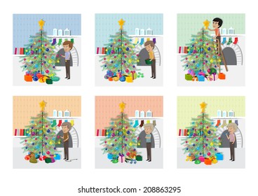 People Decorating Christmas Tree Set - Isolated On White Background - Vector Illustration, Graphic Design Editable For Your Design