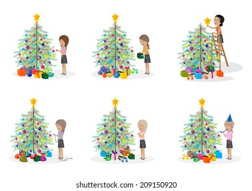 People Decorating Christmas Tree Set - Isolated On White Background - Vector Illustration, Graphic Design Editable For Your Design