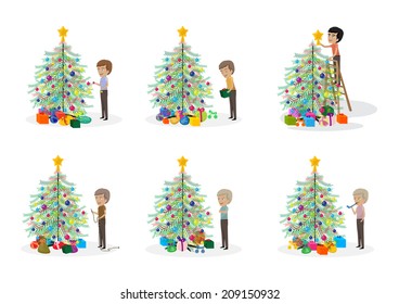 People Decorating Christmas Tree Set - Isolated On White Background - Vector Illustration, Graphic Design Editable For Your Design