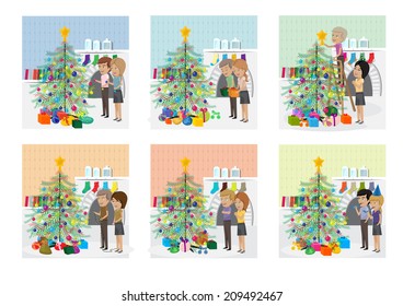 People Decorating Christmas Tree Set - Isolated On White Background - Vector Illustration, Graphic Design Editable For Your Design