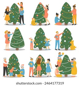 People decorating Christmas tree set vector isolated. Collection of illustrations, happy characters standing together around the green fir. Merry Christmas and Happy New Year.