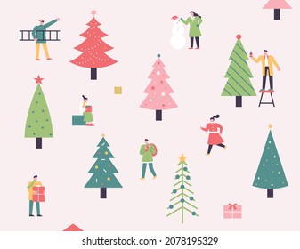 Les gens décorent des arbres de Noël de différents motifs. Illustration d'arrière-plan petite et simple à motifs. illustration vectorielle de style plat.