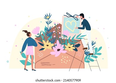 People decorating envelope with flowers. Creative greeting card and delivery gift flat cartoon vector illustration