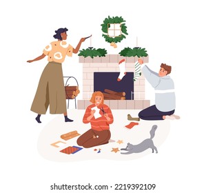 People decorating home for Christmas holiday. Happy family preparing decoration, making DIY ornament by fireplace on winter evening. Flat graphic vector illustration isolated on white background