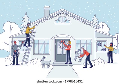 People decorating house and garden for christmas and new year holidays outside. Group of friends or family putting garlands and winter holidays decoration outdoors. Linear vector illustration