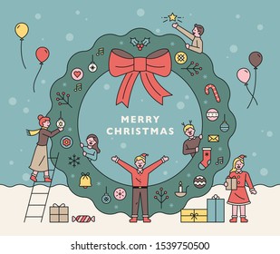 People are decorating a huge Christmas wreath. Promo banner. flat design style minimal vector illustration.