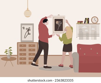 people decorating Living Room vector illustration Stick Decorative painting on Wall for Making Coziness in Apartment. Home Design Renovation. Linear Vector Illustration. 