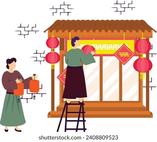People decorating their Door  with Spring couplets concept, An inverted character fu is a sign of arriving blessings vector  design, Chinese New Years Eve symbol, Year of the Dragon sign China Festive