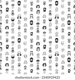 Personas decorativas de color blanco negro sin patrón. Vector de moda ilustración interminable de caras o retratos dibujando sobre fondo blanco que se puede utilizar como una tela textil, Fondo de pantalla, cartel