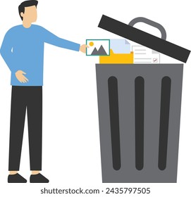 People delete files and move unnecessary files to big trash cans. woman deletes documents with software User deletes folder with documents. Clear digital memory.