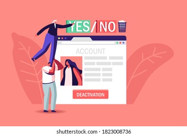 People Deleting Private Information in Internet, Account Deactivation Concept. Tiny Female Character Stand on Male Shoulders at Huge Social Network Web Page Push Button. Cartoon Vector Illustration