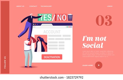 People Deleting Private Information in Internet, Account Deactivation Landing Page Template. Tiny Female Character on Male Shoulders Push Huge Button at Social Network. Cartoon Vector Illustration