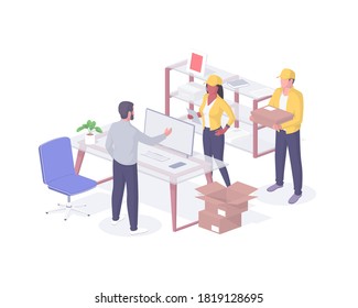 People deliver parcels to office isometry realistic. Male boss character meets in cabinet man and woman in yellow uniforms with boxes slip sheet. Fast accurate delivery vector illustration.