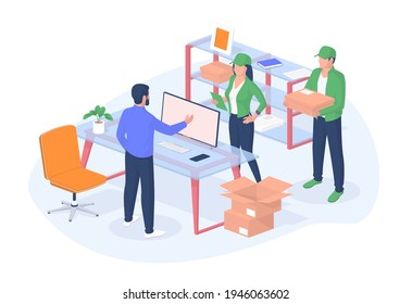 People deliver parcels to office isometry realistic. Male boss character meets in cabinet man and woman in yellow uniforms with boxes slip sheet. Fast accurate delivery vector illustration.