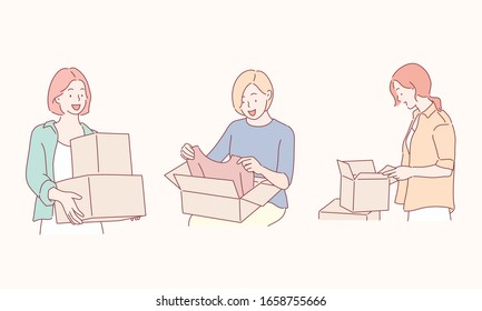 people, delivery, shipping and postal service concept - happy young women opening cardboard box or parcel. Hand drawn style vector design illustrations.