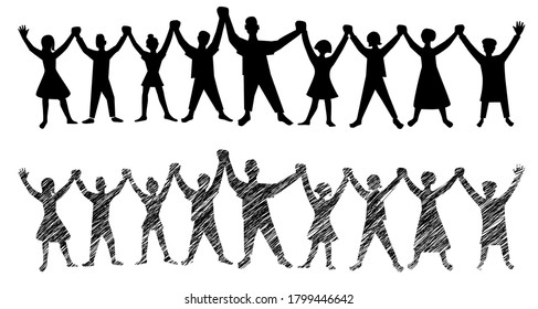 People demo, silhouette demonstration, together holding hands. Cartoon, illustration, sketch, clip art, vector, black and white drawing. Togetherness, united, protest.