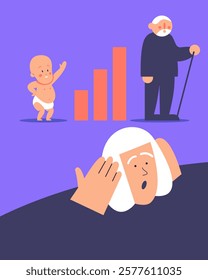 People Demographic problems. Increase in the number of old population, aging of the nation, reduced number of newborns, decrease in fertility, mortality outweighs fertility. Flat vector illustration.