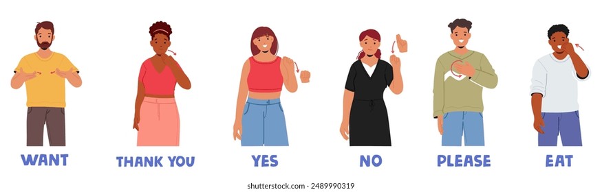 People Demonstrating Basic Sign Language Phrases Including Want, Thank You, Yes, No, Please, And Eat. Cartoon Vector Illustration Highlights Inclusivity And Communication Of Diverse Characters