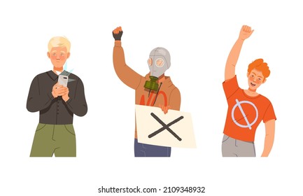 People demonstrating or protesting set. Men and women taking part in political meeting. Man gas mask with banner vector illustration