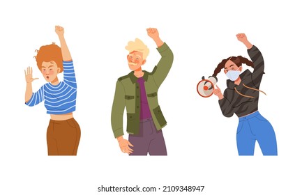 People demonstrating, protesting or taking part in political meeting set vector illustration