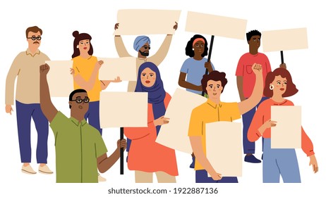 People demonstration crowd. Protesters hold placards. Afroamerican indian caucasian persons holding empty banners. International or multicultural meeting vector concept