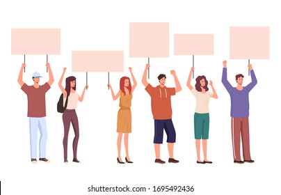 People demonstrators activists protesters crowd characters protesting. Vector flat graphic design illustration