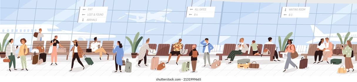 People at departure area in airport. Passengers with baggage in waiting room of international terminal. Tourists with luggage going and sitting on chairs, long banner. Flat vector illustration