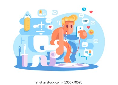 People dependence on gadgets vector illustration. Guy sitting on toilet with modern smartphone flat style concept. Boy listening to music and surfing internet