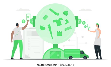 People deposits money to e-wallent or digital wallet. They can purchase something at stores. Then, delivery car will send items to you. Minimal green monochromatic color design in e-payment concept.
