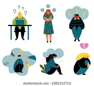 People at depression condition unhappy sad with bad mood psychological problem set vector flat illustration. Man and woman suffering stress learning loneliness cry love relationship shame grief hurt