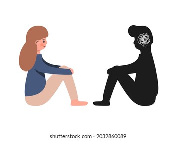 People in depression. Mental health problems, the loss of a loved one, a girl and a black silhouette of a guy, sadness, disappointment, pain in the soul. Isolated on white background