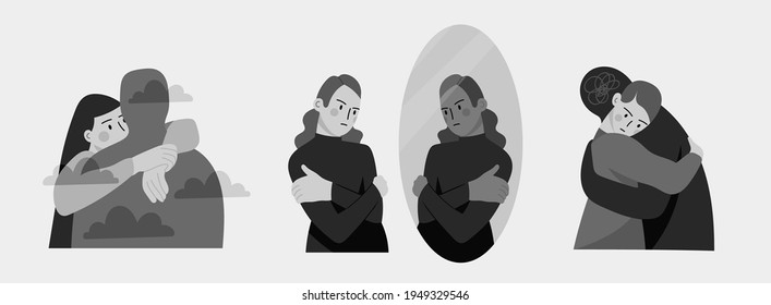 People in depression. Psychologist help for depressed people. Hand drawn Vector illustrations. Mental health issues, Self care, love, loss, acceptance, feeling of frustrated, anxiety concept