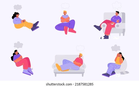 People with depression, sadness and mental health problems. Depressed and anxious characters feeling frustrated sitting under rainy cloud, pain and life issues Line art flat vector illustration, set