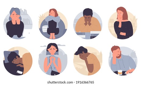 People in depression vector illustration set. Cartoon flat sad depressed man woman characters crying, unhappy lonely stressed persons sitting alone in stress emotion, anxiety or melancholy background