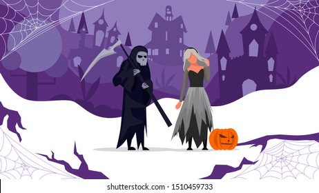 People Design With 2 Character Using Halloween Costume, The Witcher And The Grim Reaper. Recommended For Desktop Wallpaper, Landing Page, Banner, Or Brochure.