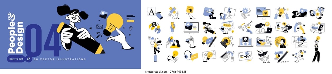 People and design. Vector illustrations of people in various graphic and web design development activities. Concepts for graphic and web design, social media, business and marketing material.