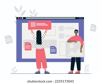 People design website. Man and woman with pictures and text complete web page with content. Creativity and teamwork. Modern technologies and digital world concept. Cartoon flat vector illustration