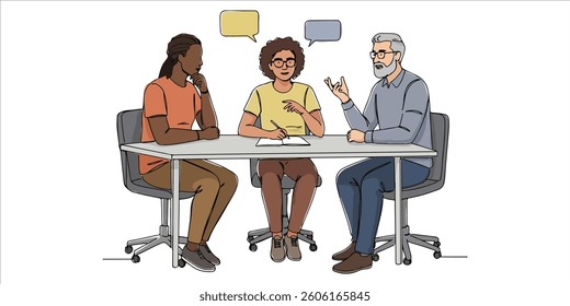 people at a desk having a discussion with speech bubbles over their heads continuous single line art drawing sketch on white background
